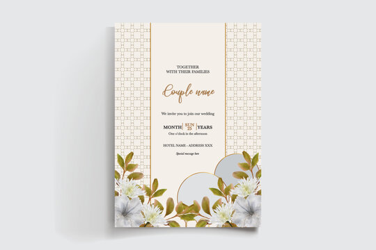 WEDDING INVITATION FRAME WITH FLOWER DECORATIONS AND FRESH LEAVES