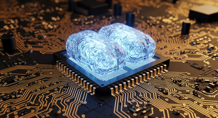 Fototapete - Close-up of glowing brain-shaped objects on a circuit board, illustrating artificial intelligence concept, showcasing technological advancement and neural network processing power