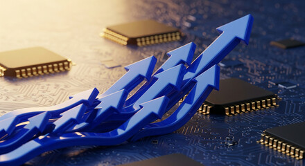 Poster - Multiple blue arrows rising on circuit board, symbolizing technological growth, progress, and innovation in the digital industry