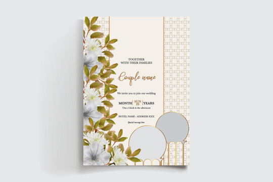 WEDDING INVITATION FRAME WITH FLOWER DECORATIONS AND FRESH LEAVES