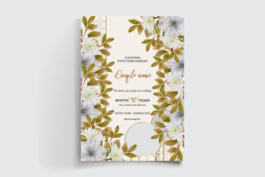 WEDDING INVITATION FRAME WITH FLOWER DECORATIONS AND FRESH LEAVES