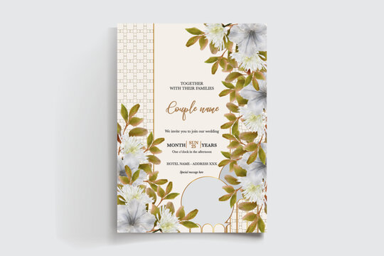 WEDDING INVITATION FRAME WITH FLOWER DECORATIONS AND FRESH LEAVES
