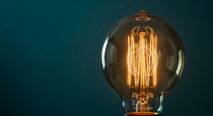 Poster - Close-up of glowing filament bulb, amber glass, dark teal background, showcasing warm light, ideal for idea, innovation, or retro concepts
