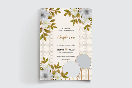WEDDING INVITATION FRAME WITH FLOWER DECORATIONS AND FRESH LEAVES