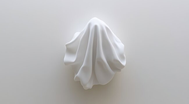 A draped, smooth white object, seemingly a sculpted form, covered by billowing white fabric, set against a plain white background