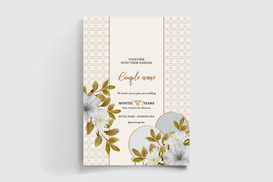 WEDDING INVITATION FRAME WITH FLOWER DECORATIONS AND FRESH LEAVES