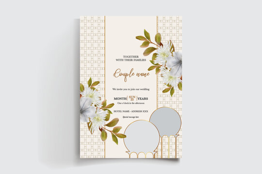 WEDDING INVITATION FRAME WITH FLOWER DECORATIONS AND FRESH LEAVES