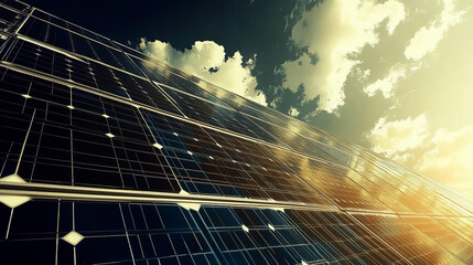 Solar panel array under cloudy sky