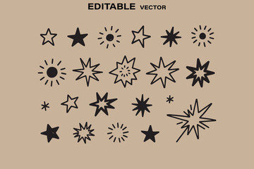 Poster - Collection of hand drawn star and sunburst shapes in black outline and solid fill on a beige background