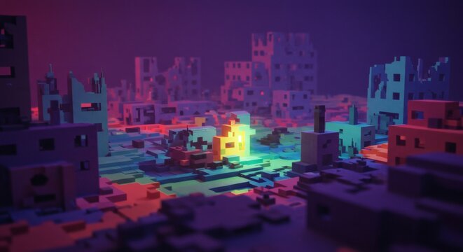 Voxel art depicting a destroyed city landscape with glowing elements, rendered with vibrant, colorful lighting.