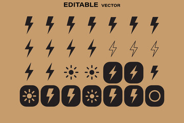 Poster - Collection of black lightning bolt and sun icons on a brown background editable vector