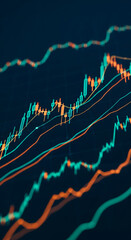 Poster - Abstract image of teal and orange candlestick charts on dark background, representing financial market trends, growth, and investment analysis
