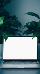 Poster - Laptop with blank screen, flanked by green plants, creating a serene workspace mockup, ideal for technology or business presentations