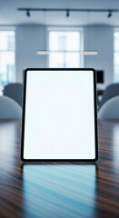 Poster - Tablet with blank screen on wooden table in modern office, showcasing a clean and minimalist design ideal for app presentation or website mockup