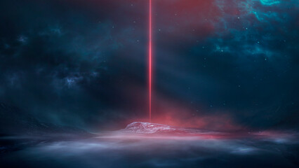 Wall Mural - fantasy mountain dark night landscape, starry sky, unknown planet, neon.