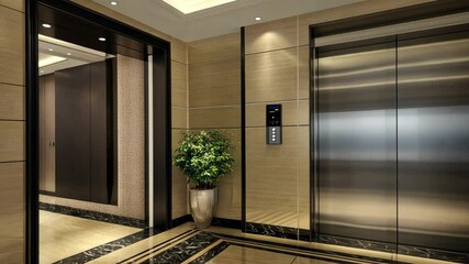 Poster - Explore the stylish interior of a luxury elevator area featuring polished surfaces and sophisticated design elements