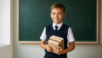 Smiling young boy in school uniform holding books in classroom. Male student stands in front of green chalkboard ready for learning.