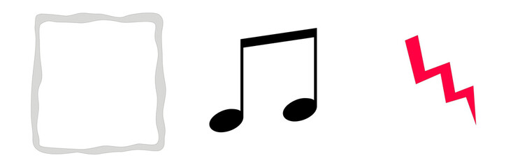 Poster - Musical Note, Lightning Bolt and Shape: A minimalist composition of abstract symbols—a musical note, a lightning bolt, and a rectangular shape—creating a dynamic visual representation. 
