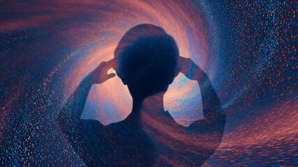 Poster - Abstract swirling colors with silhouette of a person amidst vibrant cosmic background