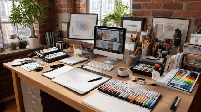 Artist's Desk with Computer, Art Supplies, and Framed Artwork