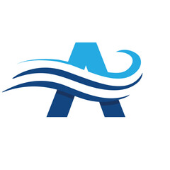 Poster - The image shows a flat logo design that depicts a letter A in blue color combination with three wavy lines cut through the letter like a wave that looks clan and modern on a white background