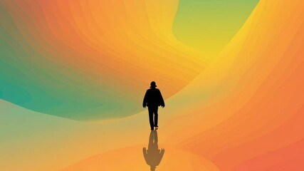 Poster - Vibrant Abstract Background with Silhouette of a Person Walking in Colorful Tunnel of Light