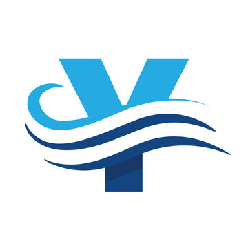 The image shows a flat logo design that depicts a letter Y in blue color combination with three wavy lines cut through the letter like a wave that looks clan and modern on a white background