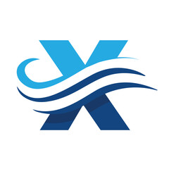 Poster - The image shows a flat logo design that depicts a letter X in blue color combination with three wavy lines cut through the letter like a wave that looks clan and modern on a white background