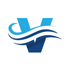 Poster - The image shows a flat logo design that depicts a letter V in blue color combination with three wavy lines cut through the letter like a wave that looks clan and modern on a white background

