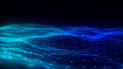 Fototapete - Color abstract wave background with dots and lines moving in space. Technology illustration. Futuristic modern dynamic wave. 3d rendering.