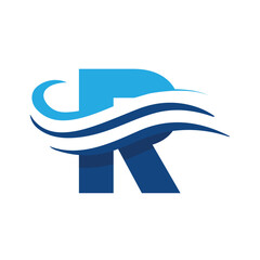 Poster - The image shows a flat logo design that depicts a letter R in blue color combination with three wavy lines cut through the letter like a wave that looks clan and modern on a white background