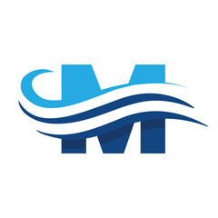 Poster - The image shows a flat logo design that depicts a letter M in blue color combination with three wavy lines cut through the letter like a wave that looks clan and modern on a white background