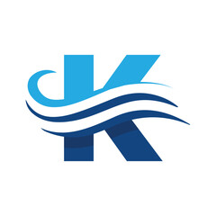 Poster - The image shows a flat logo design that depicts a letter K in blue color combination with three wavy lines cut through the letter like a wave that looks clan and modern on a white background