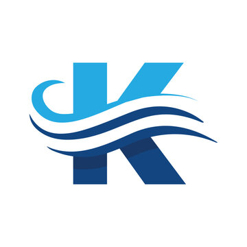 The image shows a flat logo design that depicts a letter K in blue color combination with three wavy lines cut through the letter like a wave that looks clan and modern on a white background