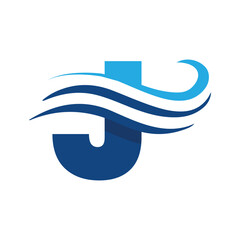 Poster - The image shows a flat logo design that depicts a letter J in blue color combination with three wavy lines cut through the letter like a wave that looks clan and modern on a white background