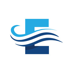Poster - The image shows a flat logo design that depicts a letter E in blue color combination with three wavy lines cut through the letter like a wave that looks clan and modern on a white background