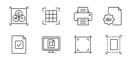 Wall Mural - printing essentials outline icon set. print, design, cmyk, dpi tools collection