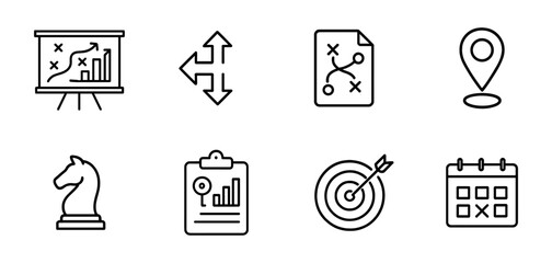 Poster - Strategy and planning line icon set: business, map, and target icons collection