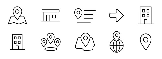 Poster - Location, navigation line icon set. marker, building icons outline collection