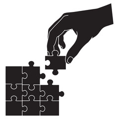 Poster - A hand connecting puzzle pieces to complete the jigsaw for teamwork and solutions