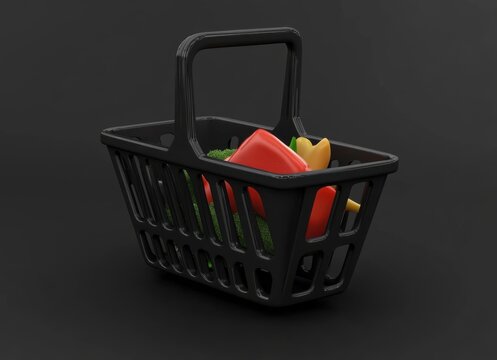 3d food basket. black shopping cart in realistic style. shopping and sales concept. element for the design of banners and posters. 3d rendering