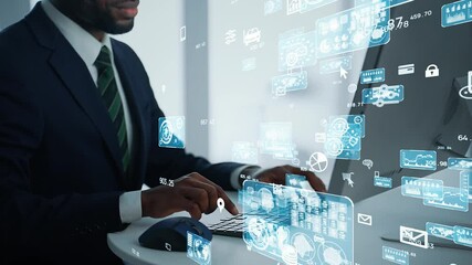 Poster - パソコンで作業する外国人男性とデジタルテクノロジーのコンセプト