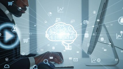 Poster - パソコンで作業する外国人男性とAI・人工知能のコンセプト