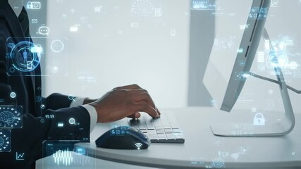 Poster - パソコンで作業する外国人男性とデジタルテクノロジーのコンセプト