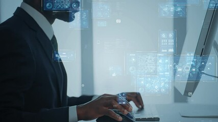 Poster - パソコンで作業する外国人男性とデジタルテクノロジーのコンセプト