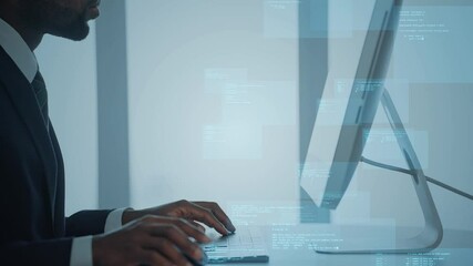 Poster - パソコンで作業する外国人男性とコーディングデータのコンセプト