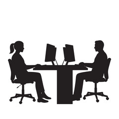 Fototapete - Silhouette of two people working on computers at desks in a simple office environment