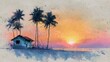 © ming - Watercolor Sunset Beach Scene with Palm Trees and a Cabin. High quality
