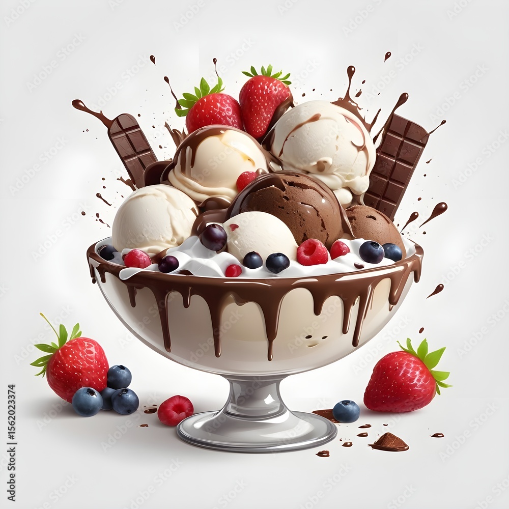 Delicious berries and chocolate exploding bowl of ice cream, on ...