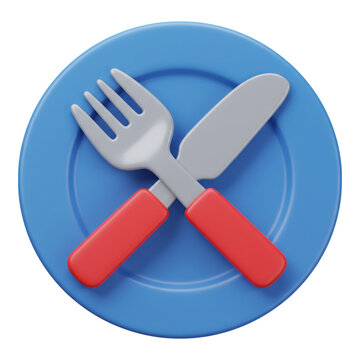 3d rendered blue plate with crossed fork and knife isolated on transparent background
